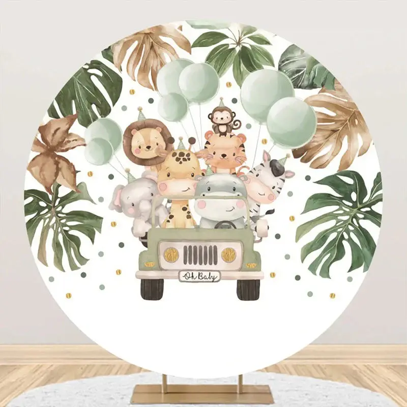 Balloon Animals Car Leaves Round Baby Shower Backdrop - Aperturee