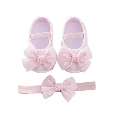 Infants Baby Girls Mary Jane Flats Beaded Bow Princess Shoes Dress Walking Shoes and Headband for Newborn Infant Toddler