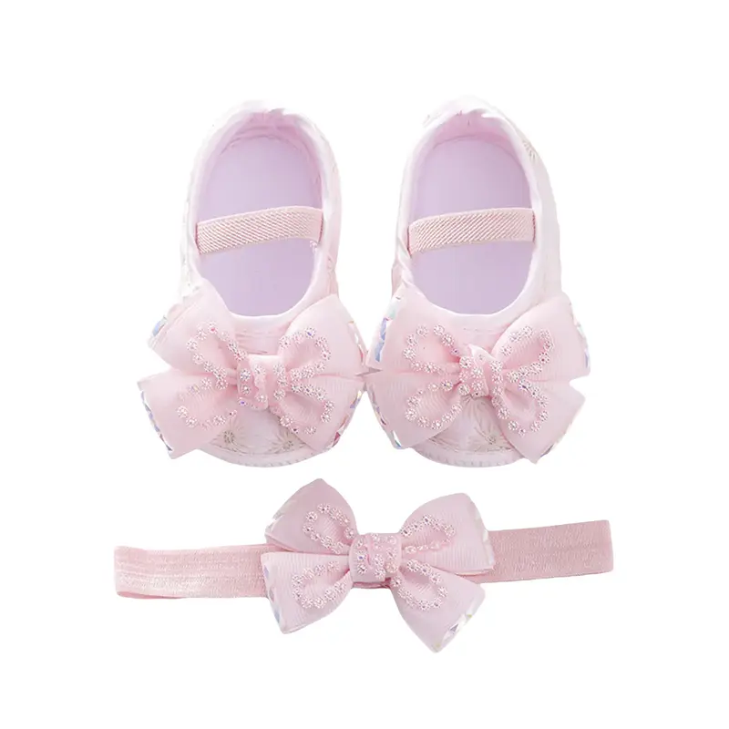 Infants Baby Girls Mary Jane Flats Beaded Bow Princess Shoes Dress Walking Shoes and Headband for Newborn Infant Toddler