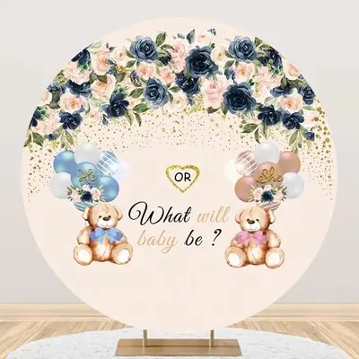 Floral Balloon Bear Round Gender Reveal Backdrop - Aperturee