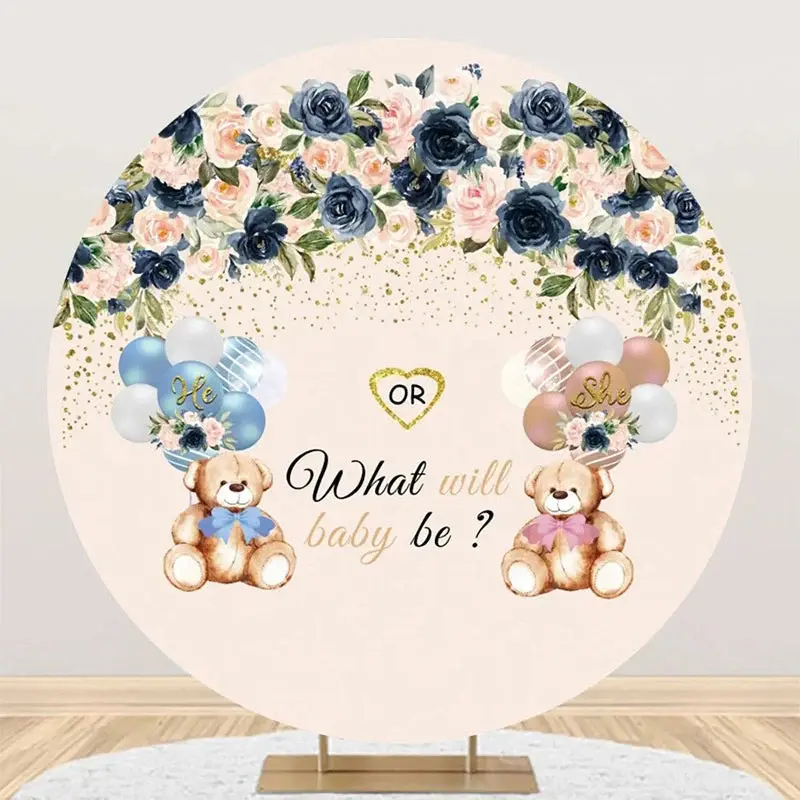 Floral Balloon Bear Round Gender Reveal Backdrop - Aperturee