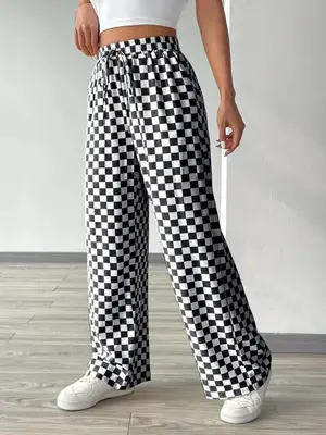 Women's All Over Checkerboard Print Drawstring Waist Straight Leg Pants, Casual Comfy High Waist Trousers for Daily Wear, Lad...