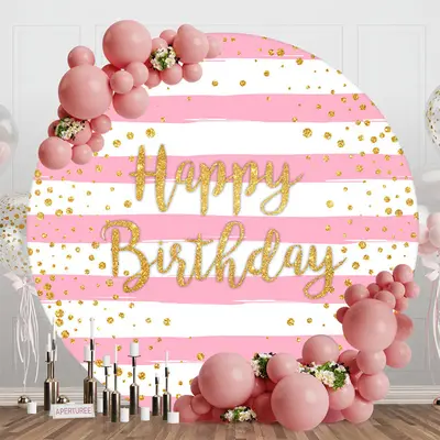 Pink White Stripe Gold Dots Round Birthday Backdrop - Aperturee