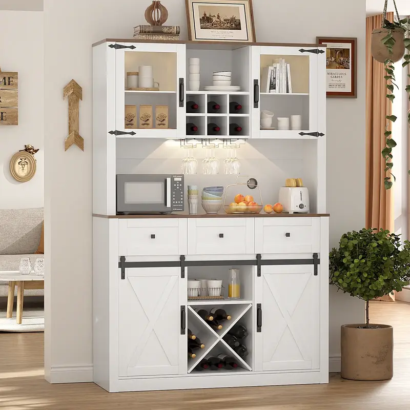 VOWNER Farmhouse Bar Cabinet with Sliding Barn Door, Sideboard Buffet Cabinet for Wine & Glasses Rack, storage cabinets for K...