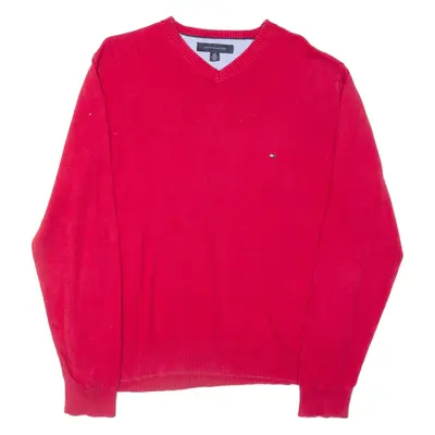 TOMMY HILFIGER Mens Jumper Red V-Neck Tight Knit L