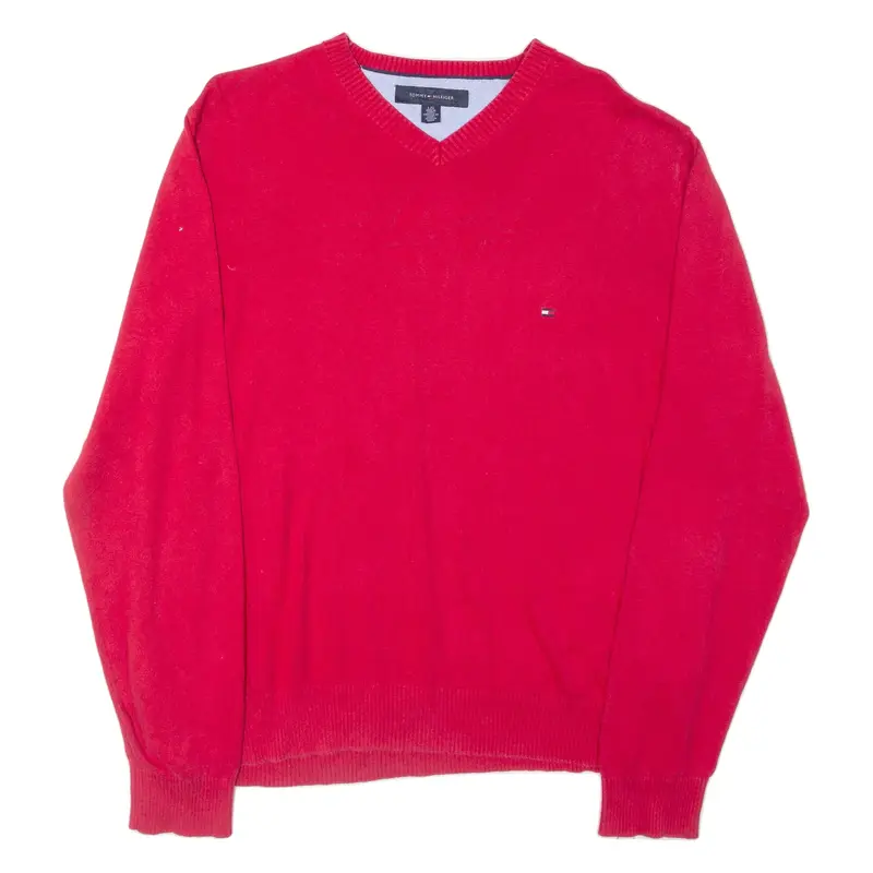 TOMMY HILFIGER Mens Jumper Red V-Neck Tight Knit L