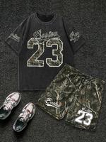 Men's Camo Print Short Sleeve Graphic Tee & Shorts Two-piece Set, Regular Fit Casual Round Neck T-shirt & Shorts, Men's Summe...