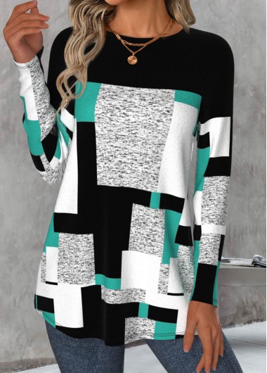 Modlily Multi Color Patchwork Geometric Print Long Sleeve T Shirt - XXL
