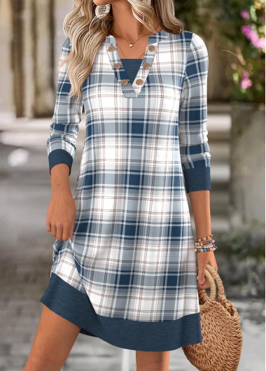 Modlily Dusty Blue Tummy Coverage Plaid Short Long Sleeve Dress - XXL