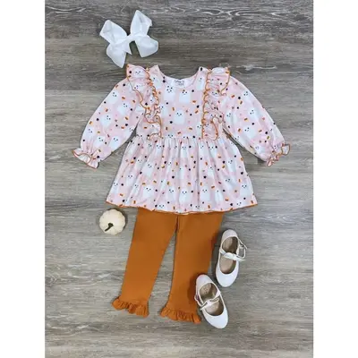 Cute Little Ghost Ruffle Girls or Toddler Long Sleeve Top and Ruffle Leggings Halloween Outfit