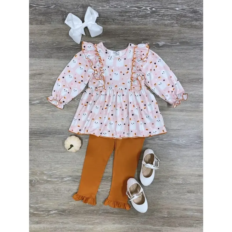 Cute Little Ghost Ruffle Girls or Toddler Long Sleeve Top and Ruffle Leggings Halloween Outfit