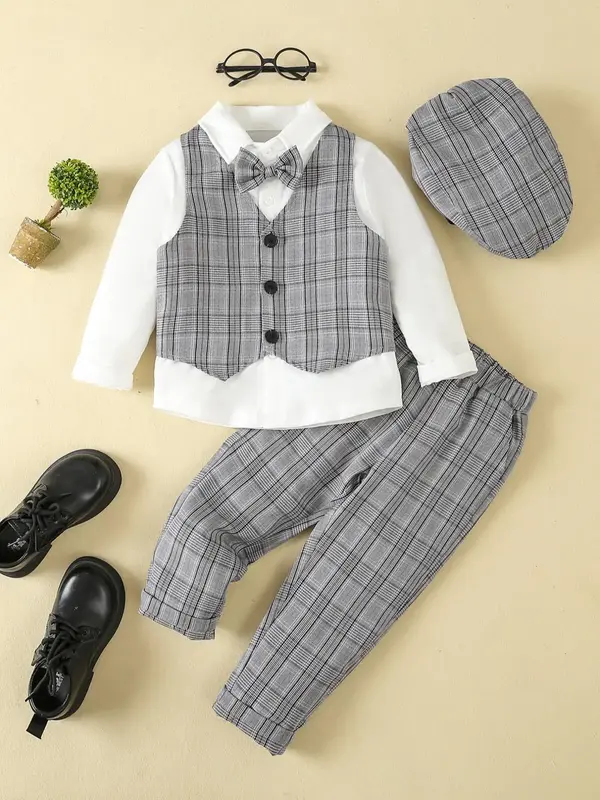 Boy's Plaid Print Button Front Vest Blazer & Plain Bow Decor Long Sleeve Shirt & Elastic Waist Pants & Hat Set, Elegant Forma...