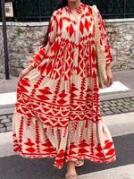 Women's All Over Geometric Print Flounce Sleeve Vintage Dress, Soft Satin Casual Boho Buttons Notched Neck Long Dress, Wome...