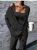 Women's Solid Long Sleeve Button Front Cardigan & Square Neck Tank Top & Elastic Waist Pants Set, Casual Spring & Fall Outfit...