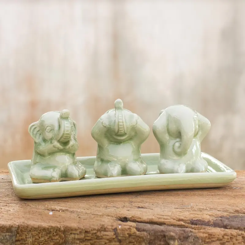 NOVICA Elephant Life Lessons Celadon ceramic figurines (Set of 3)