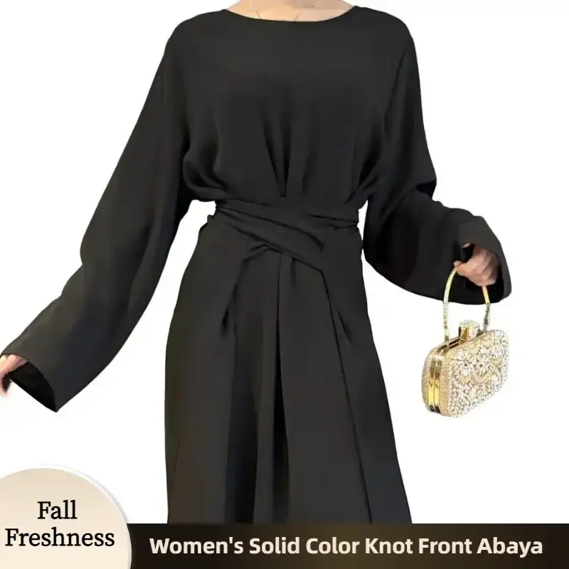 【FallFreshness】CL58 Women's Solid Color Knot Front Abaya, Modest Round NeckLong Dress for Daily Wear, casual abaya Modest...