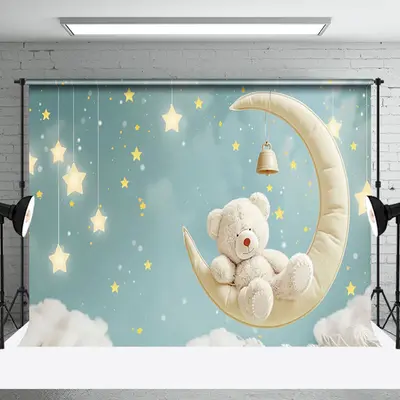 Aperturee Dreamy White Bear Asleep on Crescent Moon Backdrop