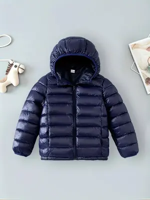 Boy's Solid Zip Up Hooded Winter Coat, Casual Long Sleeve Puffer Outerwear for Fall & Winter, Kids Clothes for Daily Wear