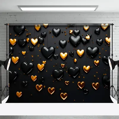 Glitter Golden Black Heart Valentines Day Backdrop - Aperturee