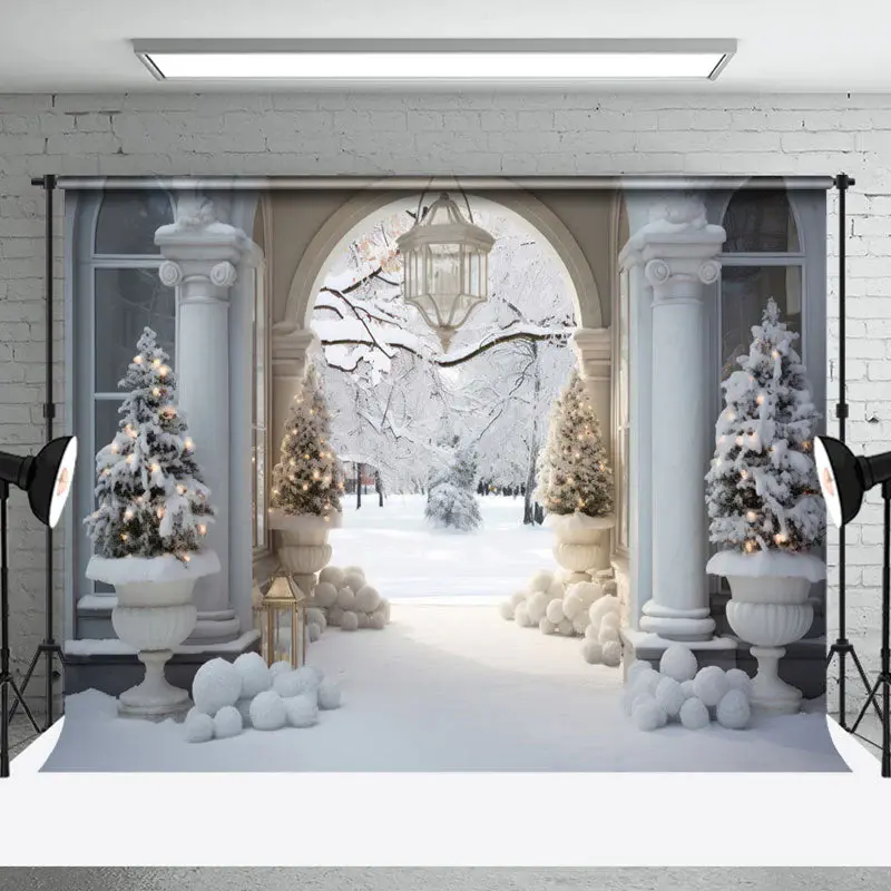 Aperturee White Architecture Winter Snowy Scenery Backdrop | Winter Wonderland Backdrop | Christmas Backgrounds Fireplace | D...