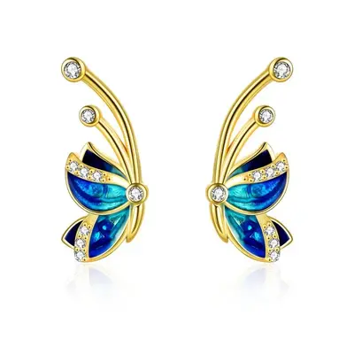 Sterling Silver with Yellow Gold Plated Cubic Zirconia Butterfly Stud Earrings