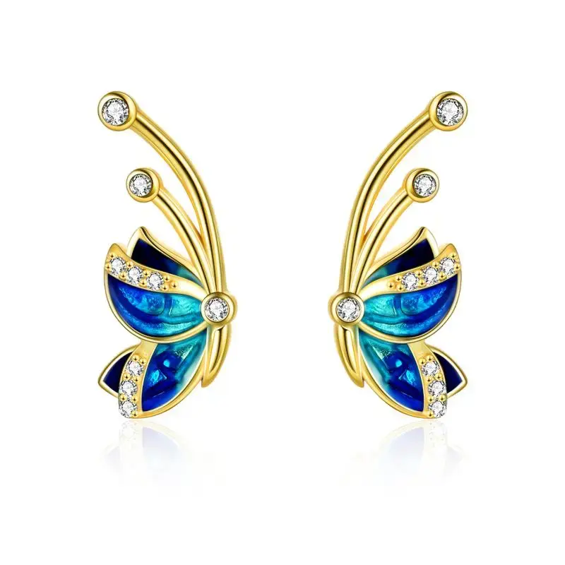 Sterling Silver with Yellow Gold Plated Cubic Zirconia Butterfly Stud Earrings