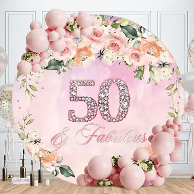Aperturee Pink Floral And Diamond 50th Round Birthday Backdrop