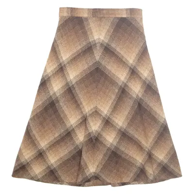 Womens A-Line Skirt Brown Midi Wool Check S