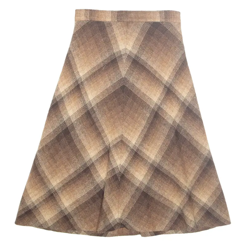Womens A-Line Skirt Brown Midi Wool Check S