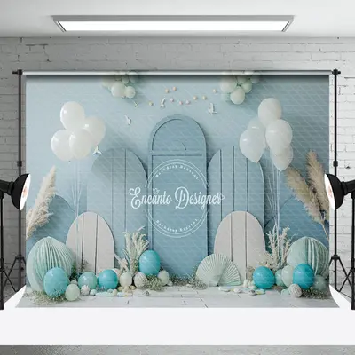 Summer Blue Balloons Coastal Cake Smash Backdrop - Aperturee