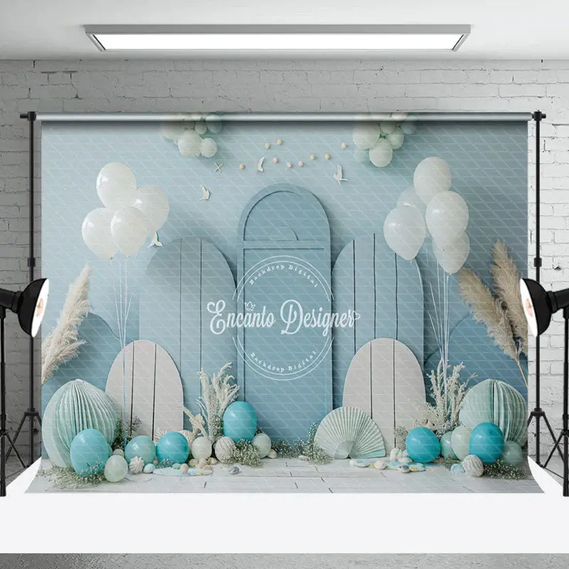 Summer Blue Balloons Coastal Cake Smash Backdrop - Aperturee