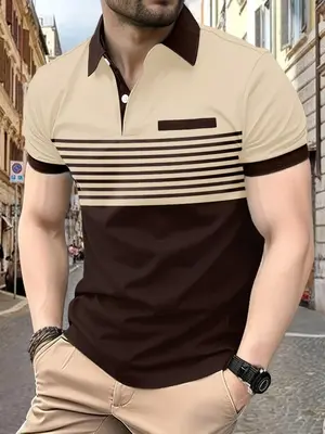 Men's Colorblock Striped Print Short Sleeve Polo Shirt, Casual Button Front Collared Top for Daily Wear, Men's Regular Fit C...