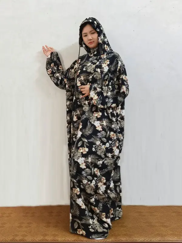 Women's All Over Floral Print Hooded Dress, Elegant Long Sleeve Muslim Clothing, Ladies Islamic Clothing for All Seasons