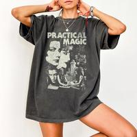 Practical Magic Retro Pattern Printed Comfortable Acid Washed T-Shirt Casual Short Sleeve Loose Round Neck Top