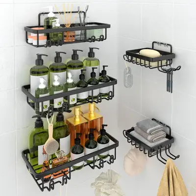 5-Pack Adhesive Shower Shelves, No Drilling, Large Capacity Shower Rack, Rustproof Bathroom Shower Organizer, Shower Shelf fo...