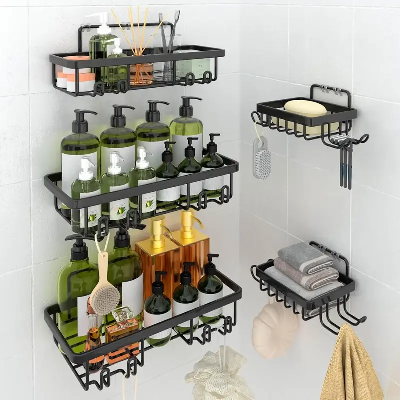 5-Pack Adhesive Shower Shelves, No Drilling, Large Capacity Shower Rack, Rustproof Bathroom Shower Organizer, Shower Shelf fo...