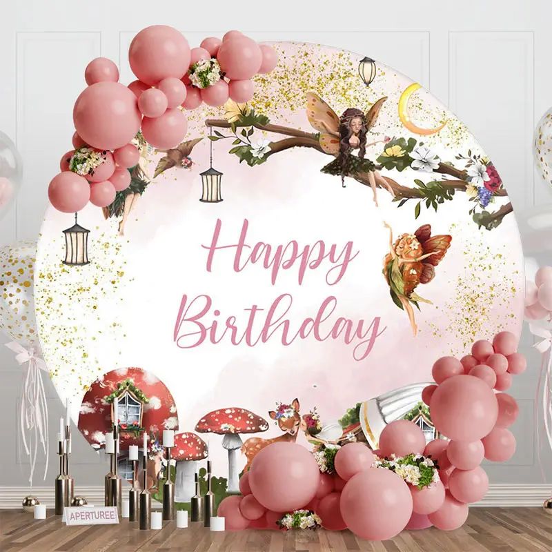 Aperturee Fairy Floral Mushroom Round Happy Birthday Backdrop | Round Backdrop Cover Diy | Custom Circle Backdrop Birthday | ...