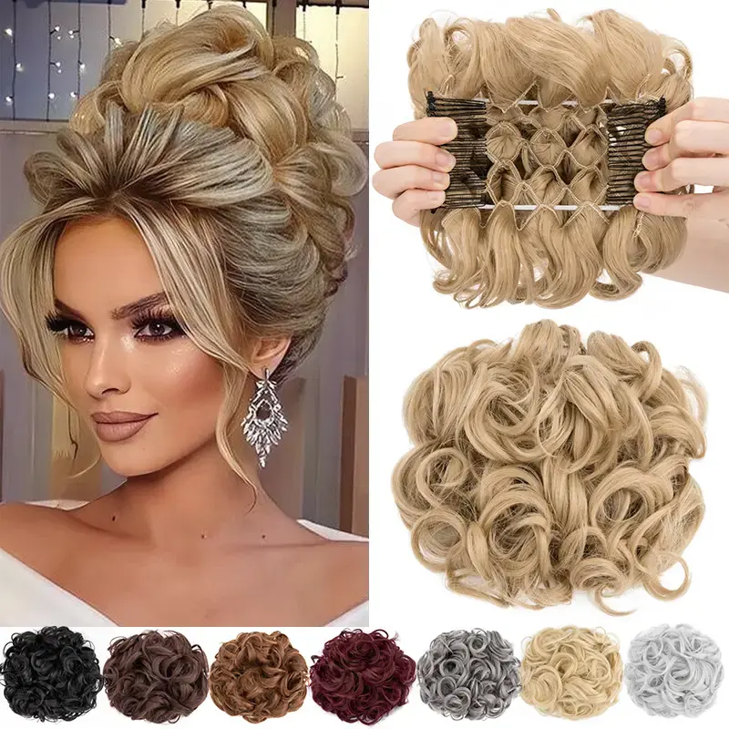 Short Messy Curly Hair Bun Extension Easy Stretch Hair Combs Clip In Ponytail Extension Scrunchie Chignon Ponytail Hairpieces...
