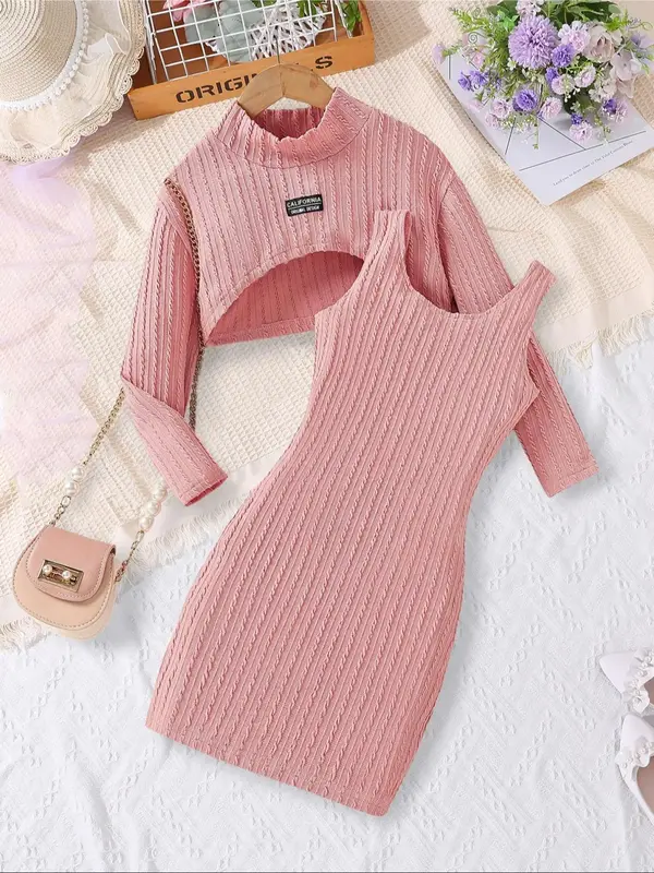 Two-Piece Set Girl's Solid Textured Letter Patched Crop Tee & Tank Dress Set, Casual Fashion Long Sleeve Mock Neck Top & Slee...