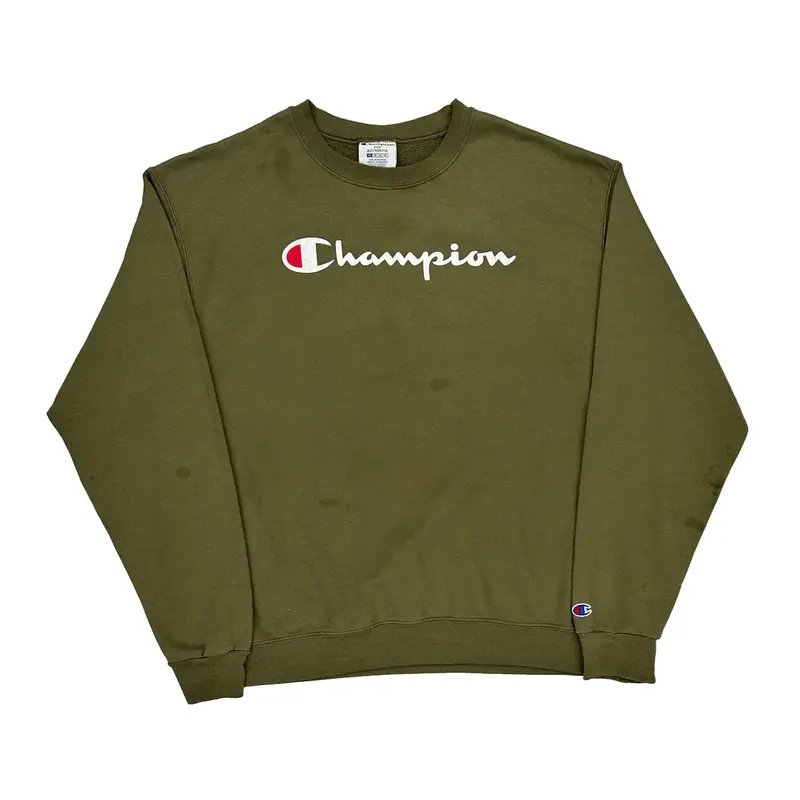Champion Spellout Sweatshirt - XL Khaki Cotton Blend