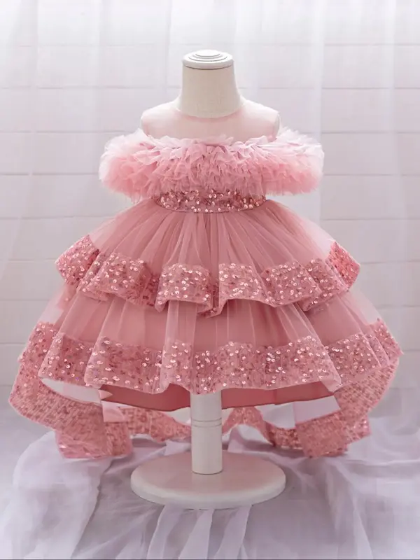 Pink Sequin Trailing Puffy Baby Girl Clothes Christening Cocktail Toddler Baptism Pageant Ball Gown Princess Dress for all Se...