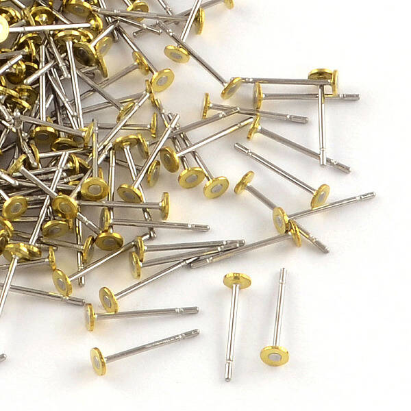 304 Stainless Steel Stud Earring Settings with Flat Round Brass Head