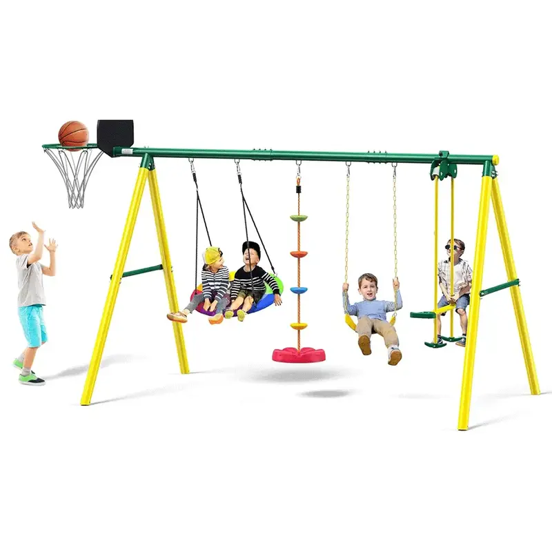 Osoeri Swing Sets for Backyard, 5-in-1 Kids Swing Set, Outdoor Swing Set with Saucer Swing, Glider, Rope Swing, and Basketbal...