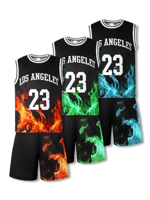 Ready Stock 7-15y Big Boys Summer baseball 2Pcs Casual Sports Quick-drying Mesh Flame Pattern Sleeveless Vest + Shorts Clothi...