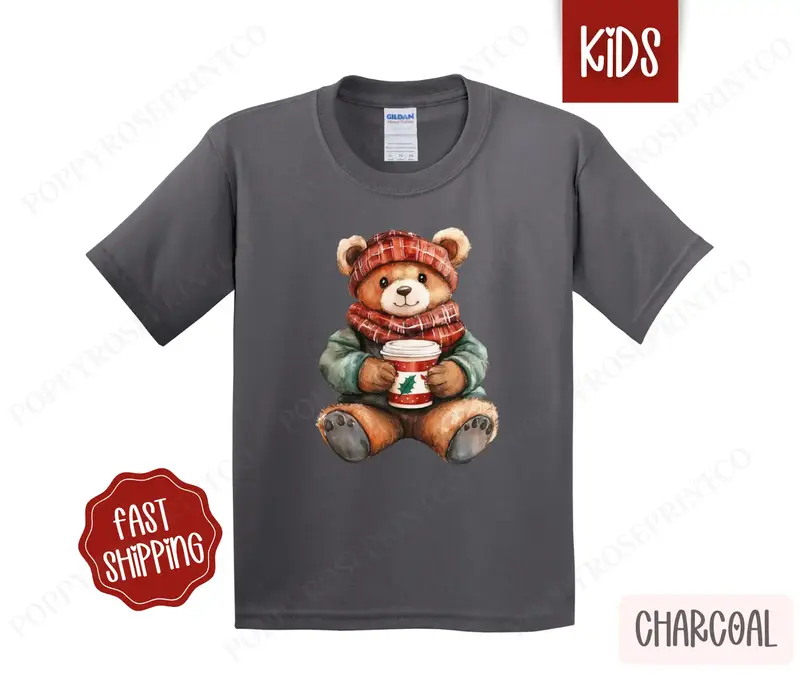 Kids Christmas Shirt - Holiday Bear Children's Tshirt - Youth Holiday Tee Gildan