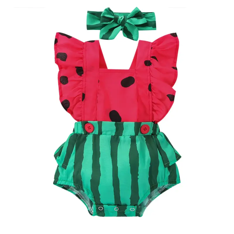 Infant Baby Girls Boys Onesie Bodysuit Outfits Newborn Watermelon Print Fly Sleeve Summer Jumpsuit with Headband #Springtok