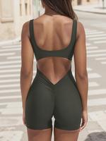 Women's Solid Cut Out Backless Ruched Sports Romper with Removable Chest Pad Design, Gym Clothing, Comfy High Stretch Solid S...