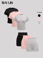 Women's Solid Round Neck Jersey Tee & Skinny Shorts Set, Casual Soft Short Sleeve T-shirt & Short Leggings, Sweatsuit Set Out...