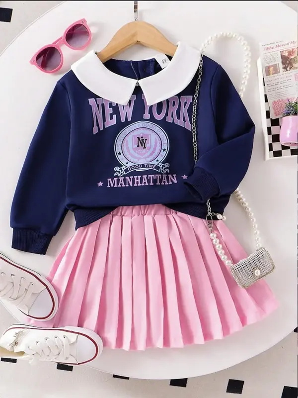 Two-Piece Set Girl's Letter Graphic Print Sweatshirt & Pleated Skirt Set, Preppy Style Long Sleeve Collared Top & Elastic Wai...