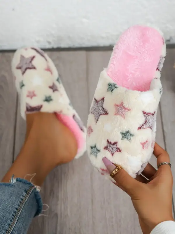 Women's Cute Bedroom Fuzzy Slippers Perfect, Trendy Y2k Style Star Pattern Cozy Fluffy Slippers, Plush Warm House Slippers, S...